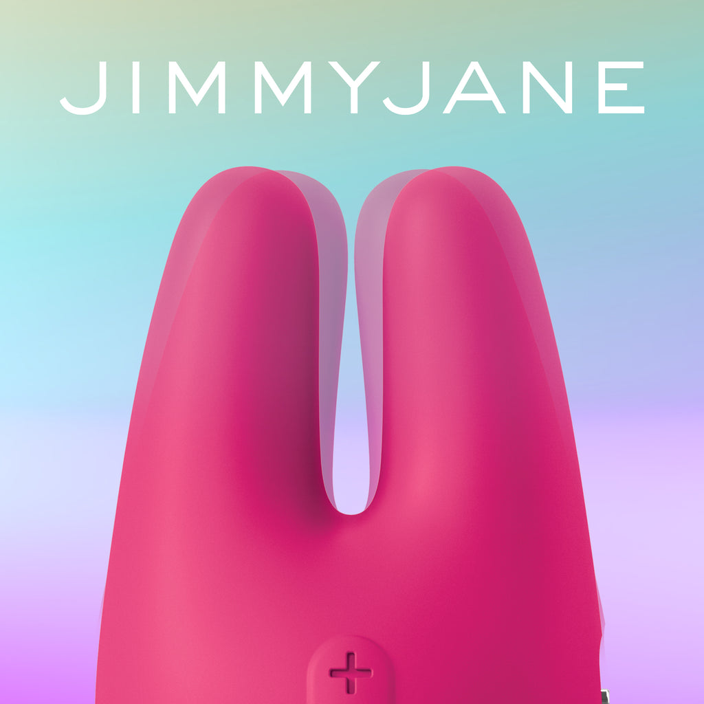 Jimmyjane logo on a rainbow gradient background with a pink Form 2