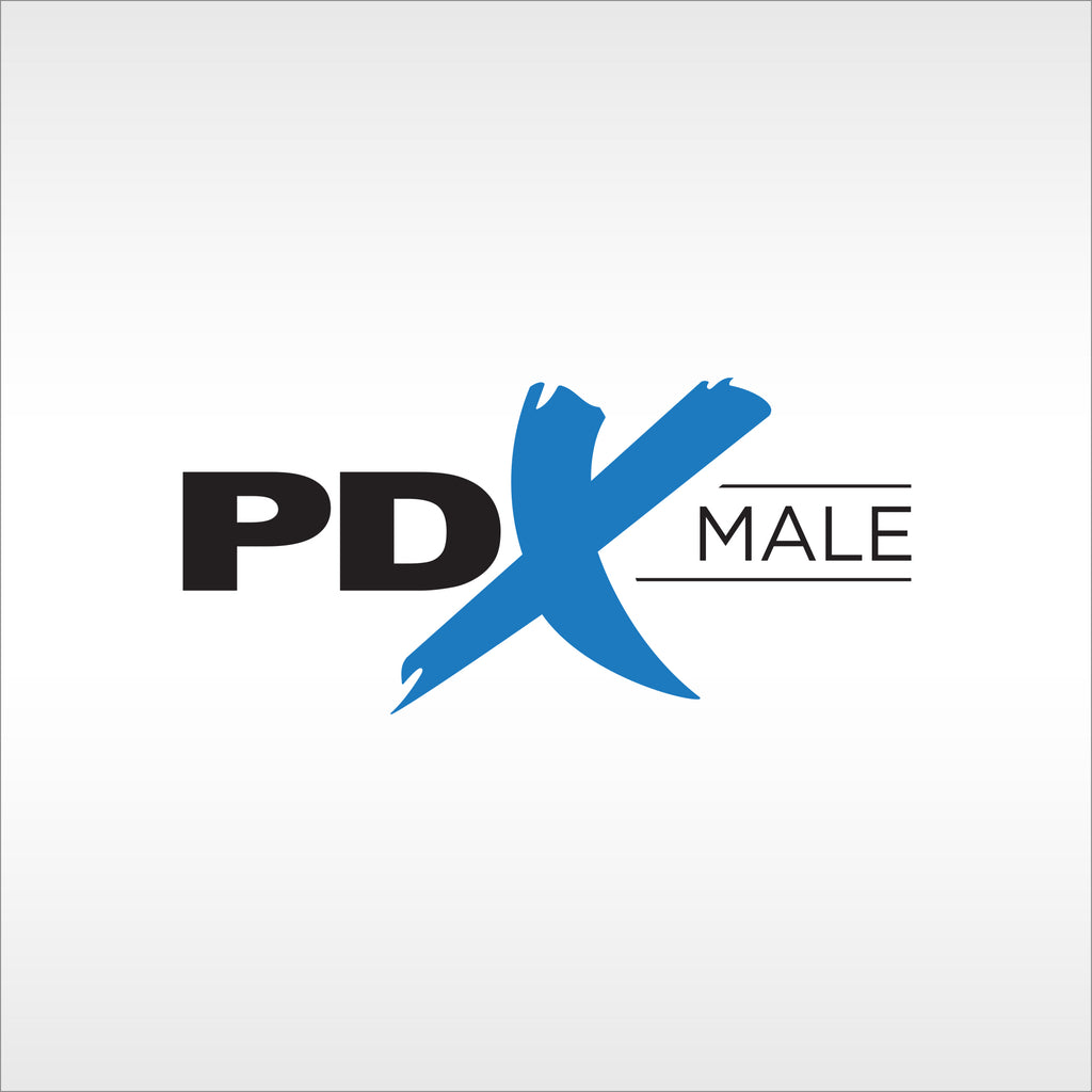 PDX male logo on a silver background