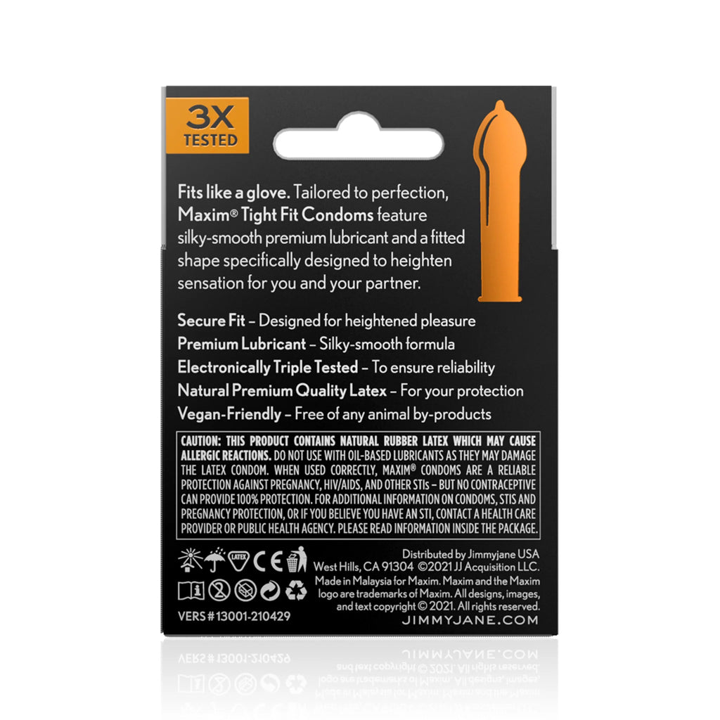 Maxim Tight Fit Condoms - 3 ct packaging - Back view