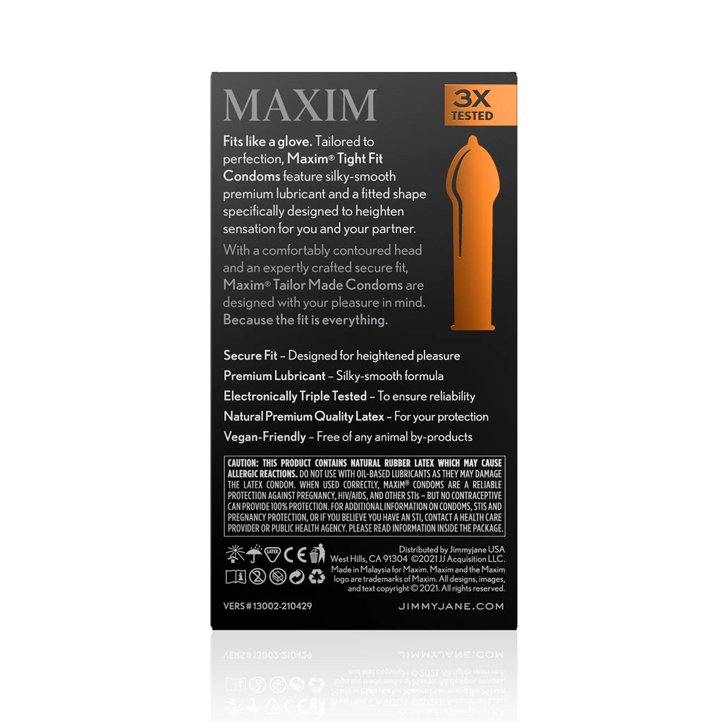 Maxim Tight Fit Condoms - 12 ct packaging - Back view